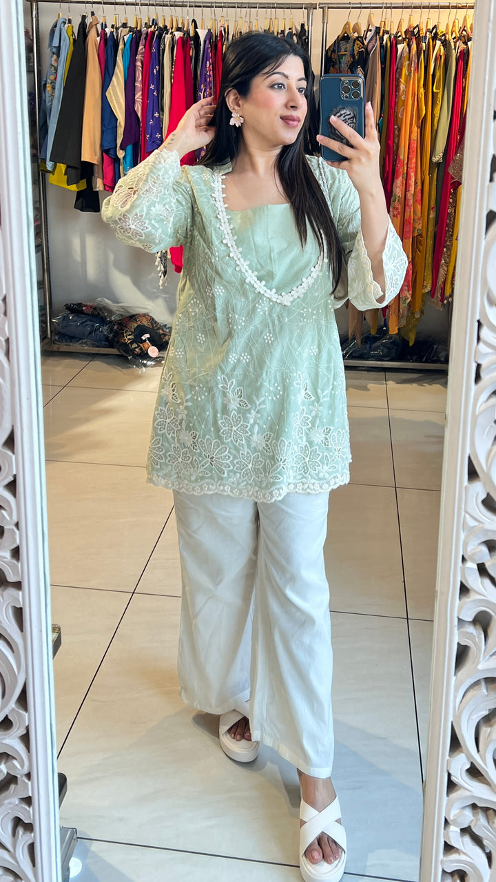 SEA GREEN 3pc Cotton Partywear Co-ord Set With Short Inner