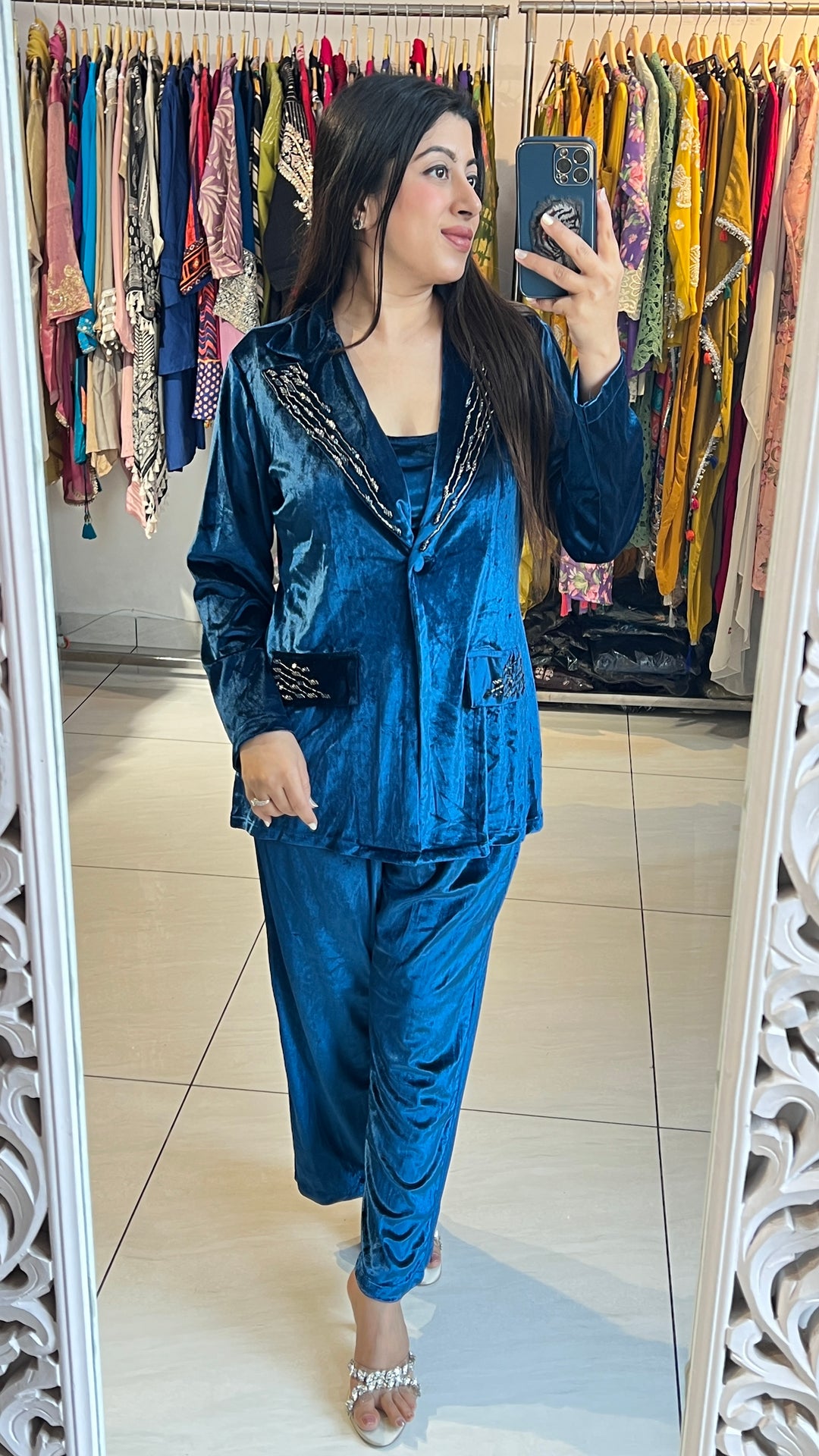 "MAHI"-3 PC VELVET BLAZER SET WITH HANDWORK