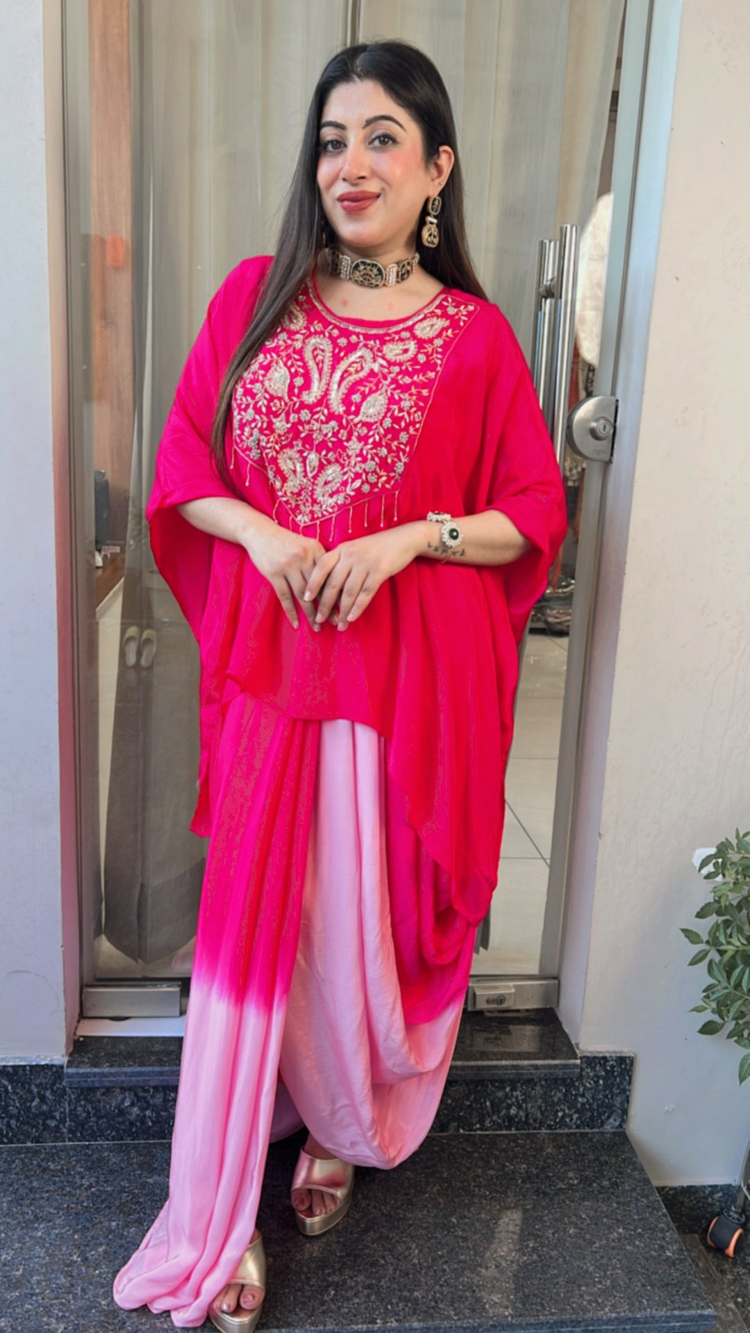 SHABANA-OMBRE DRAPE SKIRT SET WITH INNER