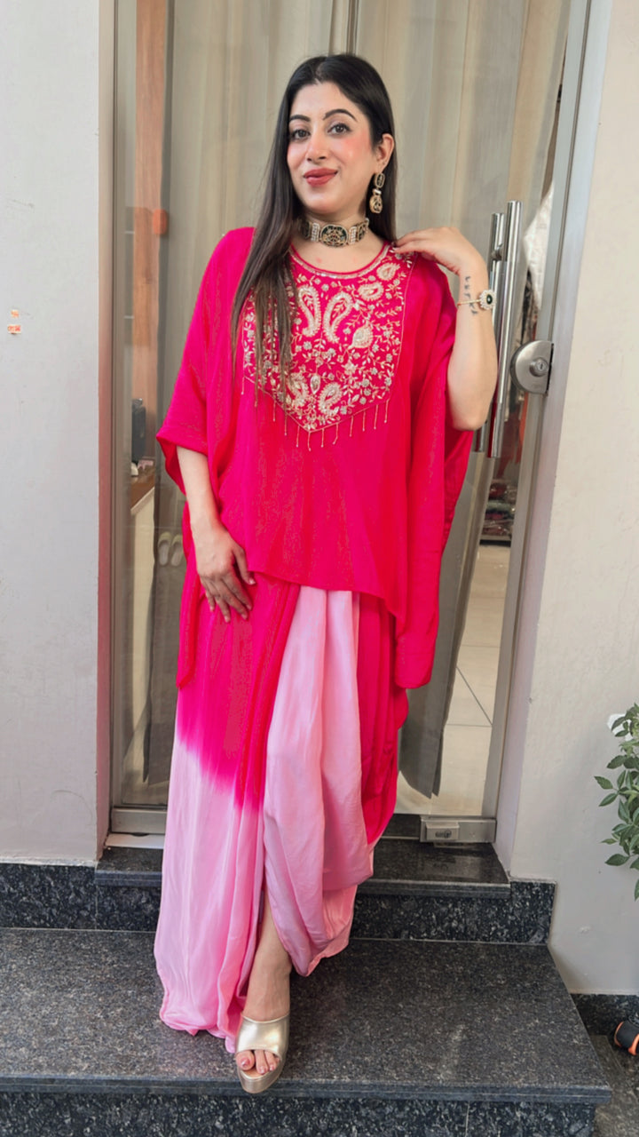 SHABANA-OMBRE DRAPE SKIRT SET WITH INNER