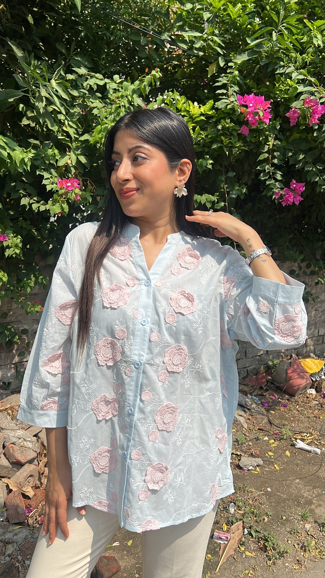 "misri"-blue floral embroidery shirt