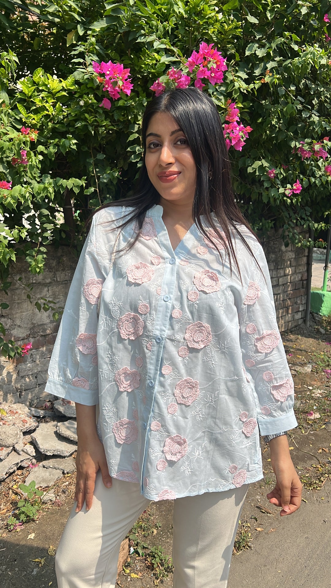 "misri"-blue floral embroidery shirt