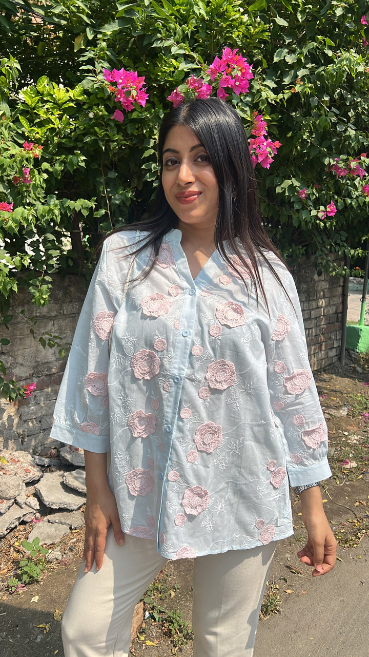 "misri"-blue floral embroidery shirt