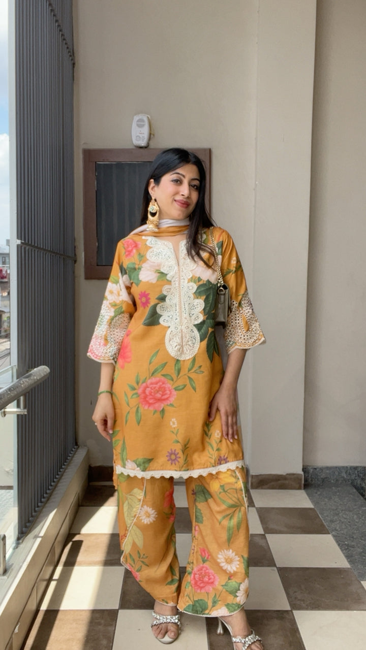 "SAGE"-MUSTARD TULIP PANTS THREE PIECE SUIT