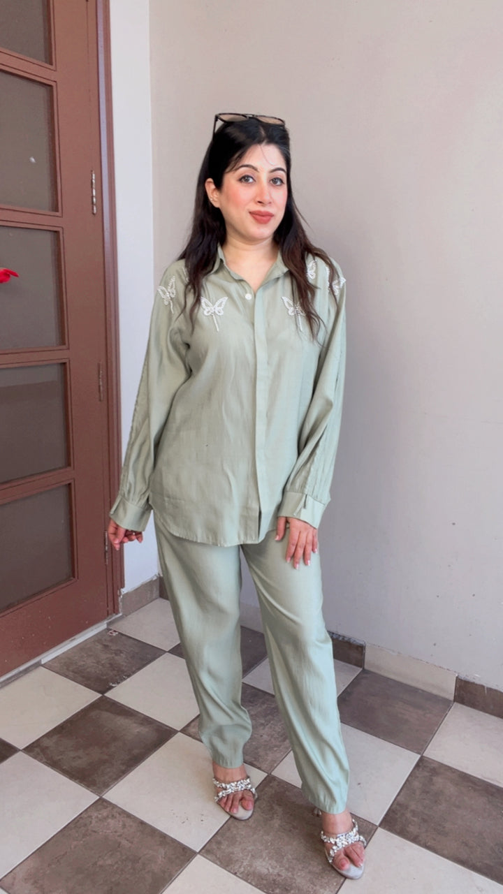 GREEN BUTTERFLY PEARL DETAILING HANDWORK CO-ORD