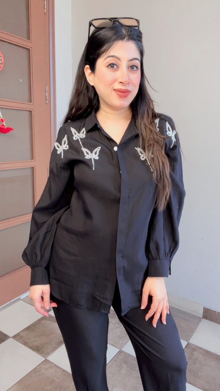 BLACK BUTTERFLY PEARL DETAILING HANDWORK CO-ORD