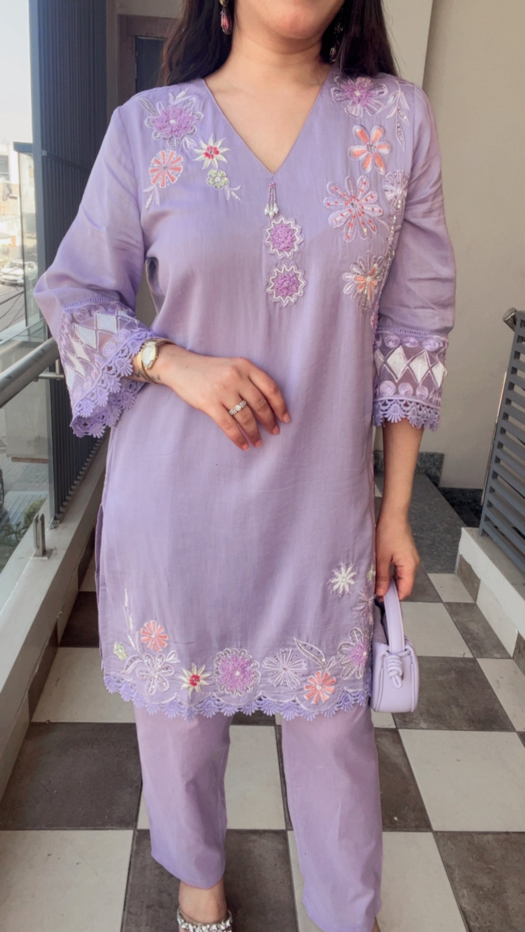 "LILY"-LILAC MUL COTTON EMBROIDERY CO-ORD WITH HANDWORK DETAILINGS