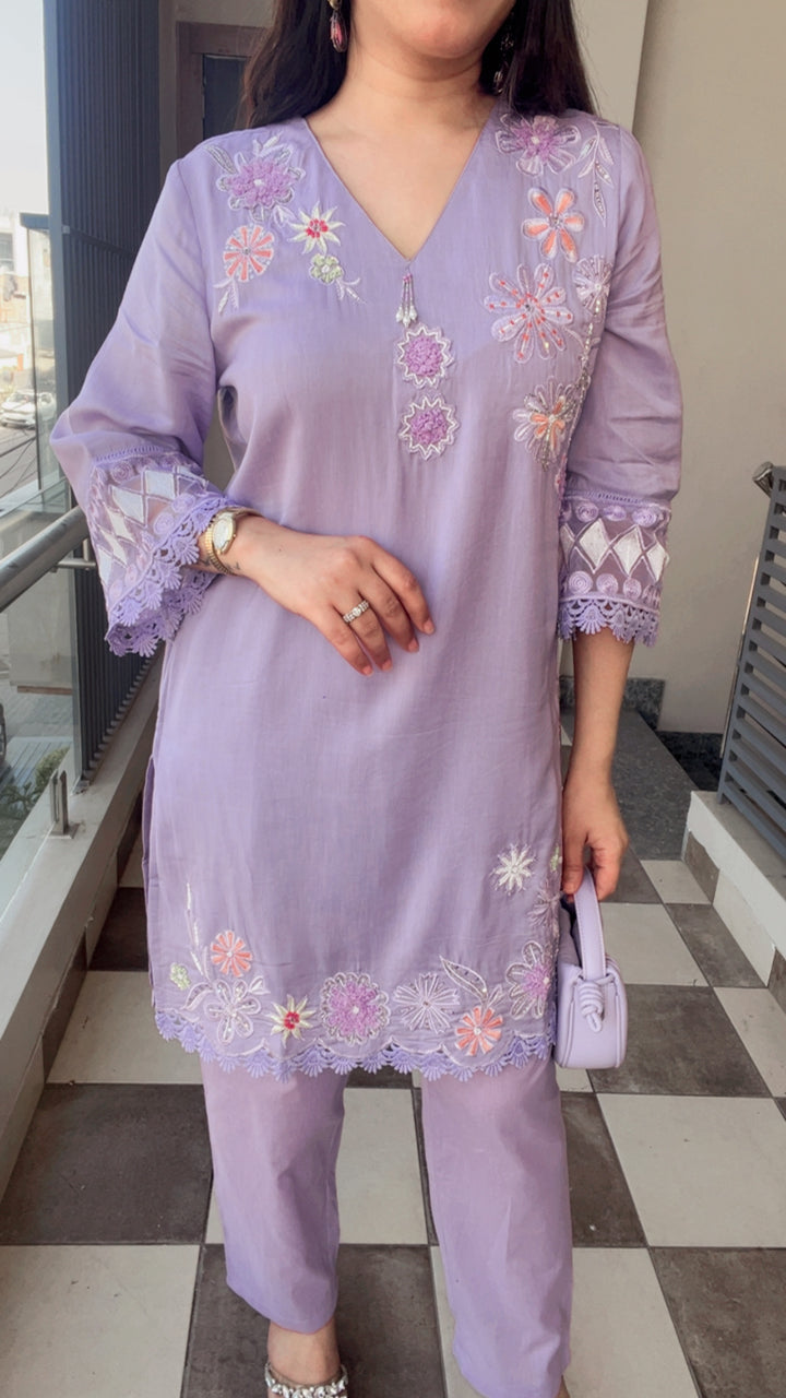 "LILY"-LILAC MUL COTTON EMBROIDERY CO-ORD WITH HANDWORK DETAILINGS