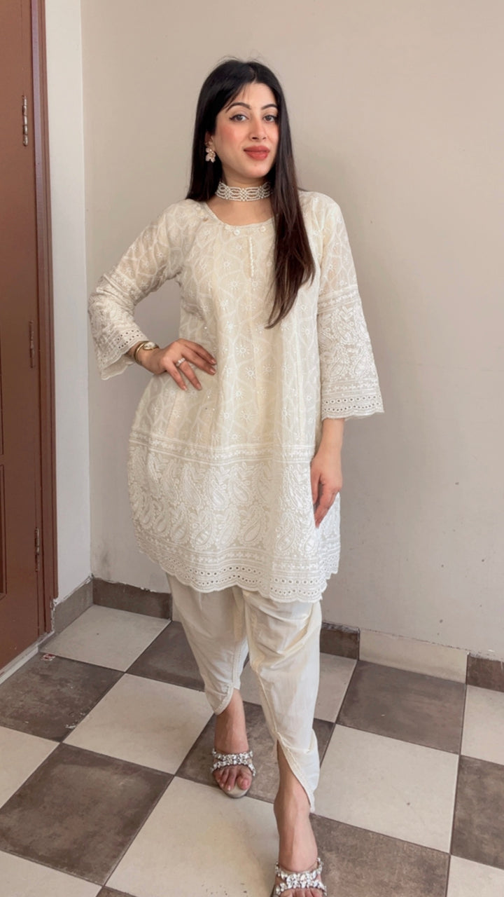 "ASH"-COTTON SCHIFFLI TULIP PANTS CO-ORD WITH POTLI BAG