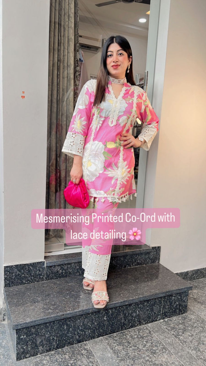 PINK PRINTED CO-ORD WITH LACE DETAILING
