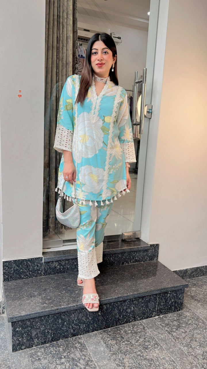 BLUE PRINTED CO-ORD WITH LACE DETAILING