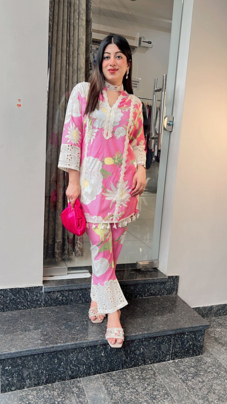 PINK PRINTED CO-ORD WITH LACE DETAILING