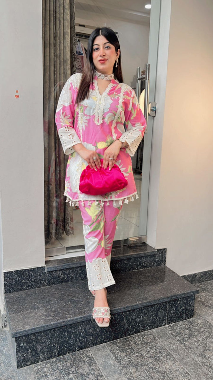 PINK PRINTED CO-ORD WITH LACE DETAILING