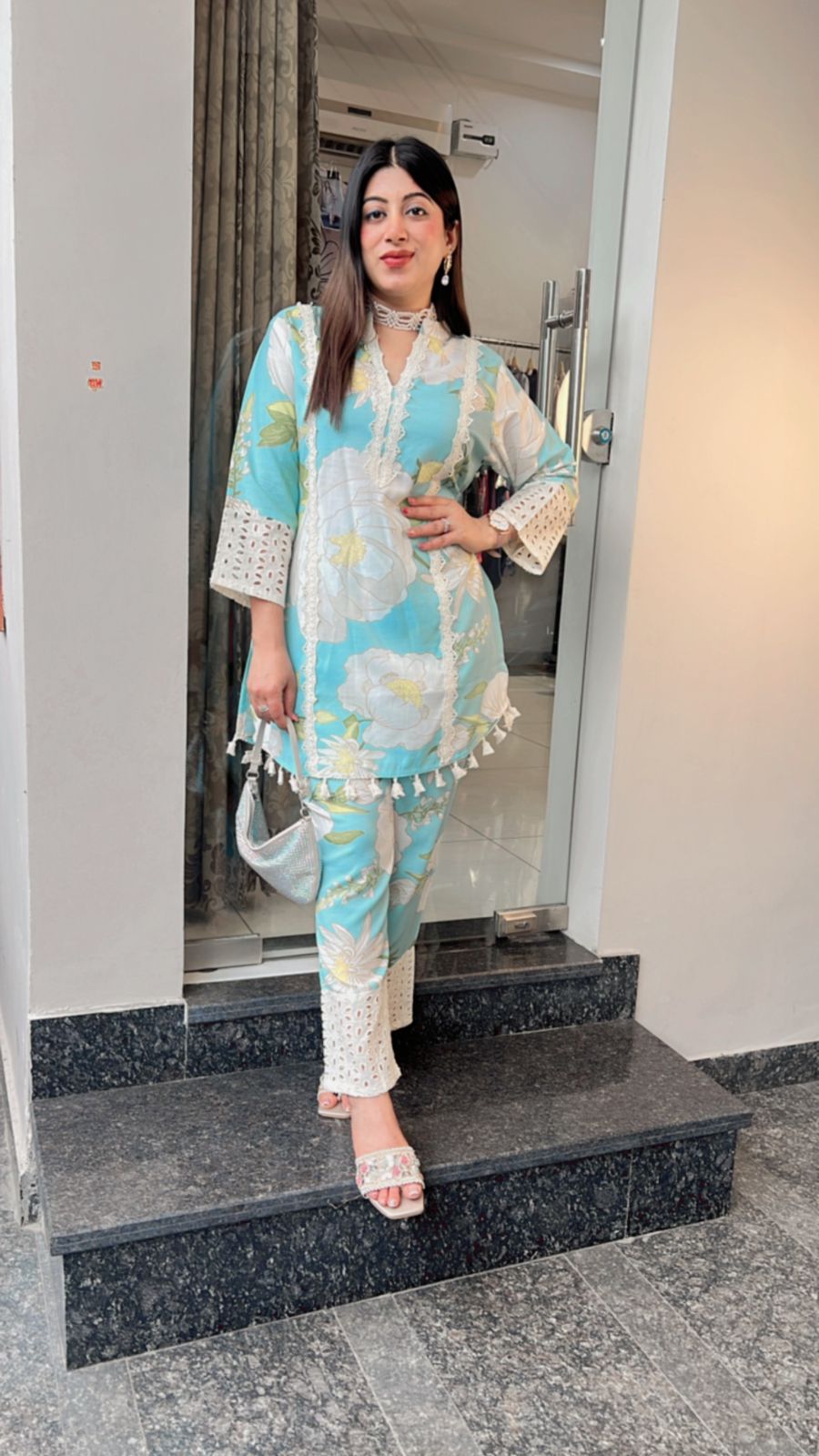 BLUE PRINTED CO-ORD WITH LACE DETAILING