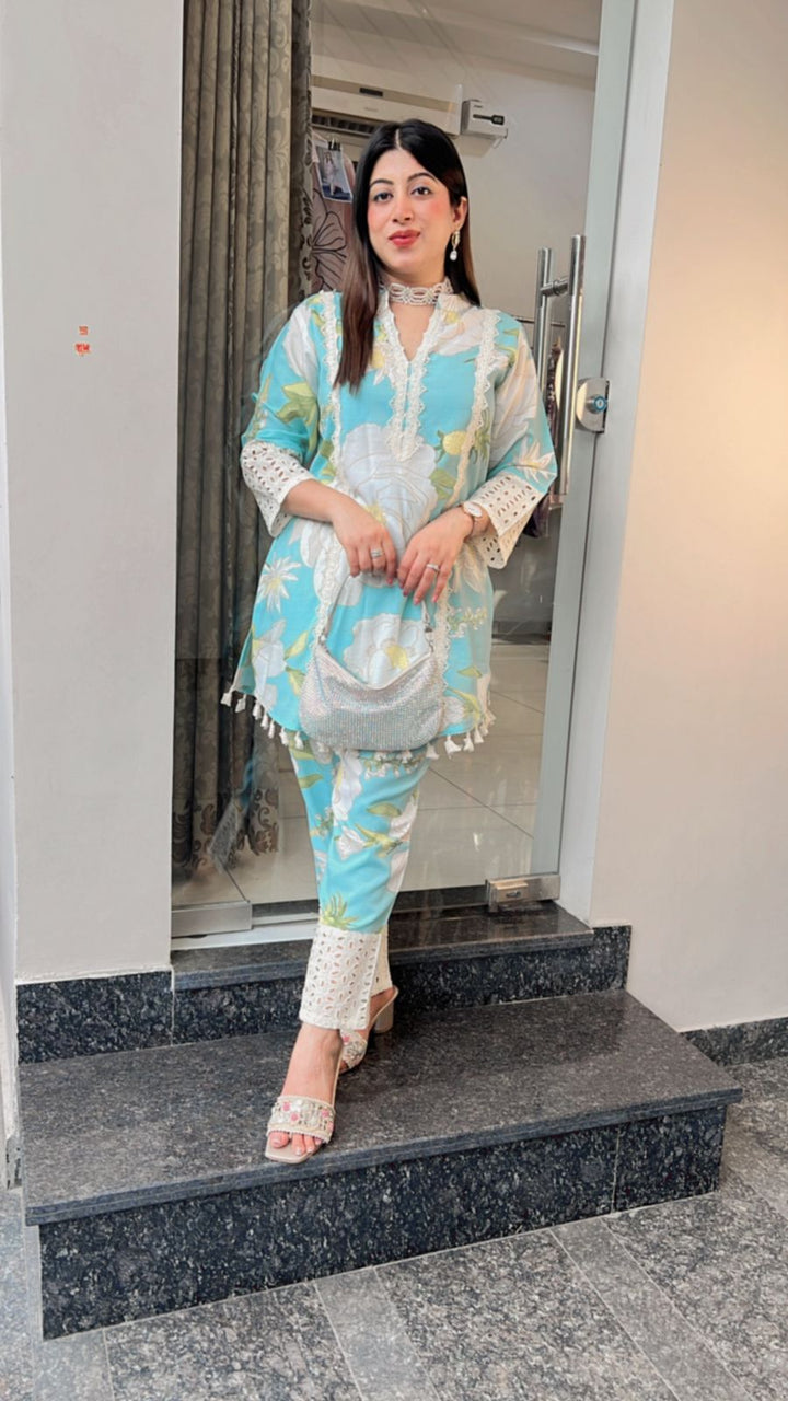 BLUE PRINTED CO-ORD WITH LACE DETAILING