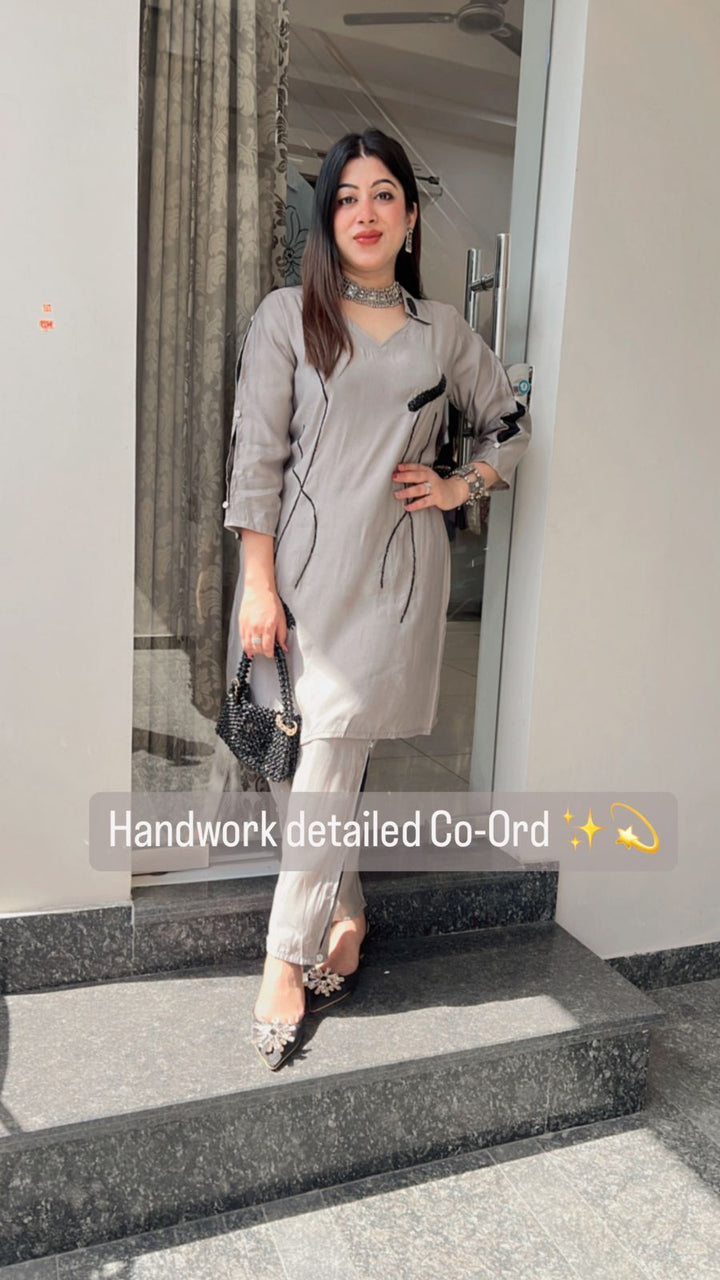 NEUTRAL GREY HANDWORKED CO-ORD