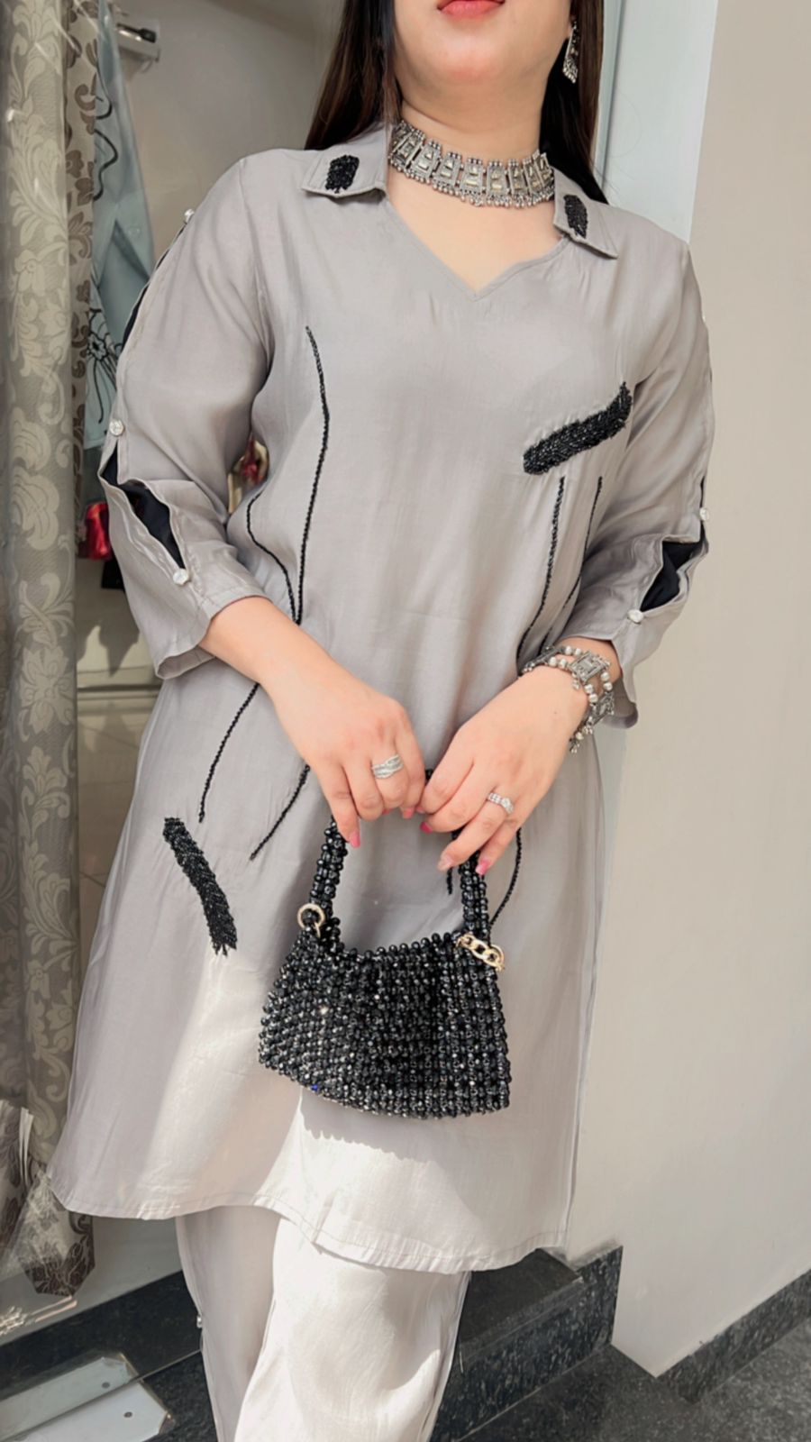 NEUTRAL GREY HANDWORKED CO-ORD