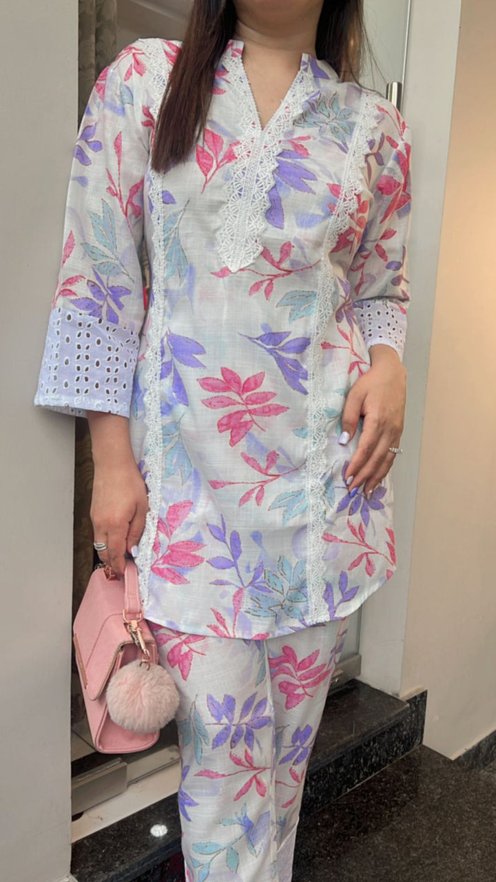 PURPLE WHITE PRINTED SUMMER CO-ORD