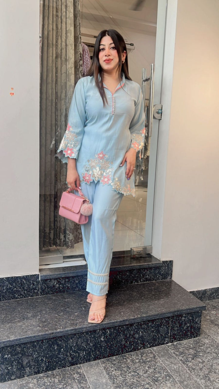 POWDER BLUE LEATHER PATCH DETAILING CO-ORD