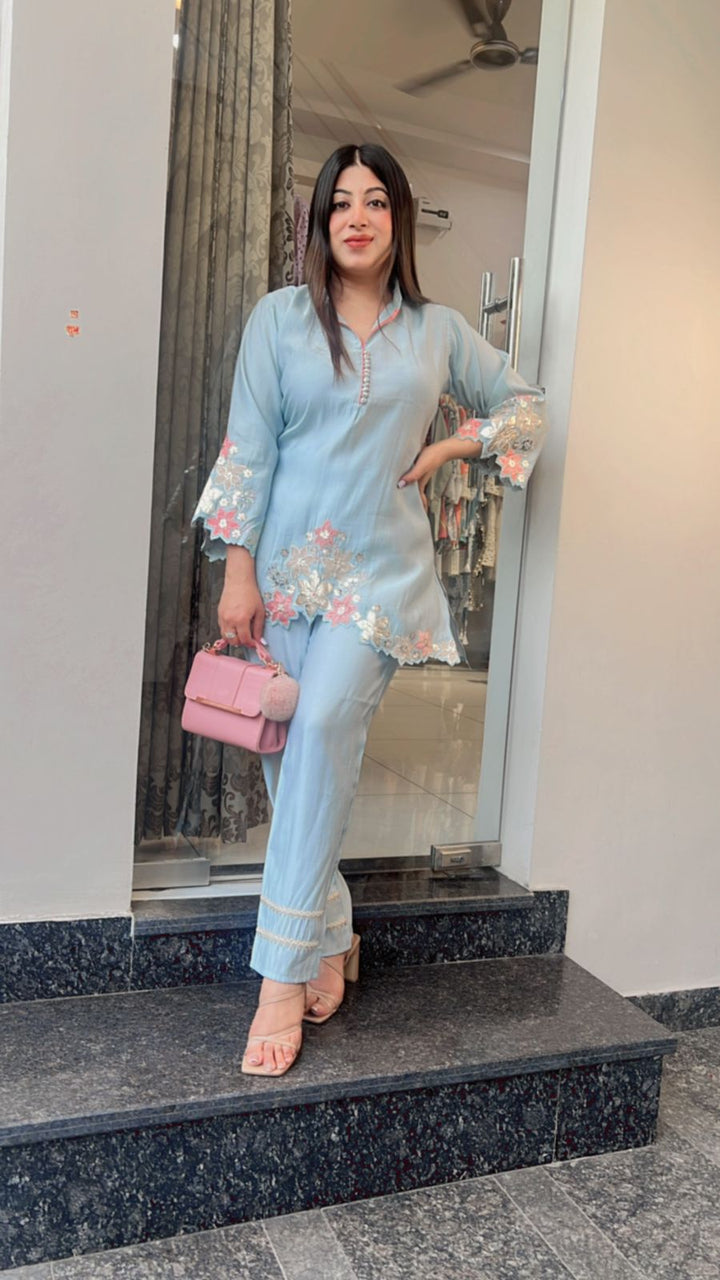 POWDER BLUE LEATHER PATCH DETAILING CO-ORD