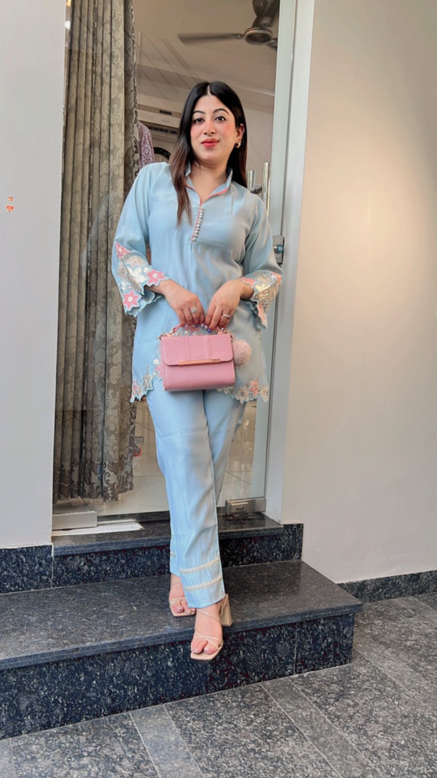 POWDER BLUE LEATHER PATCH DETAILING CO-ORD