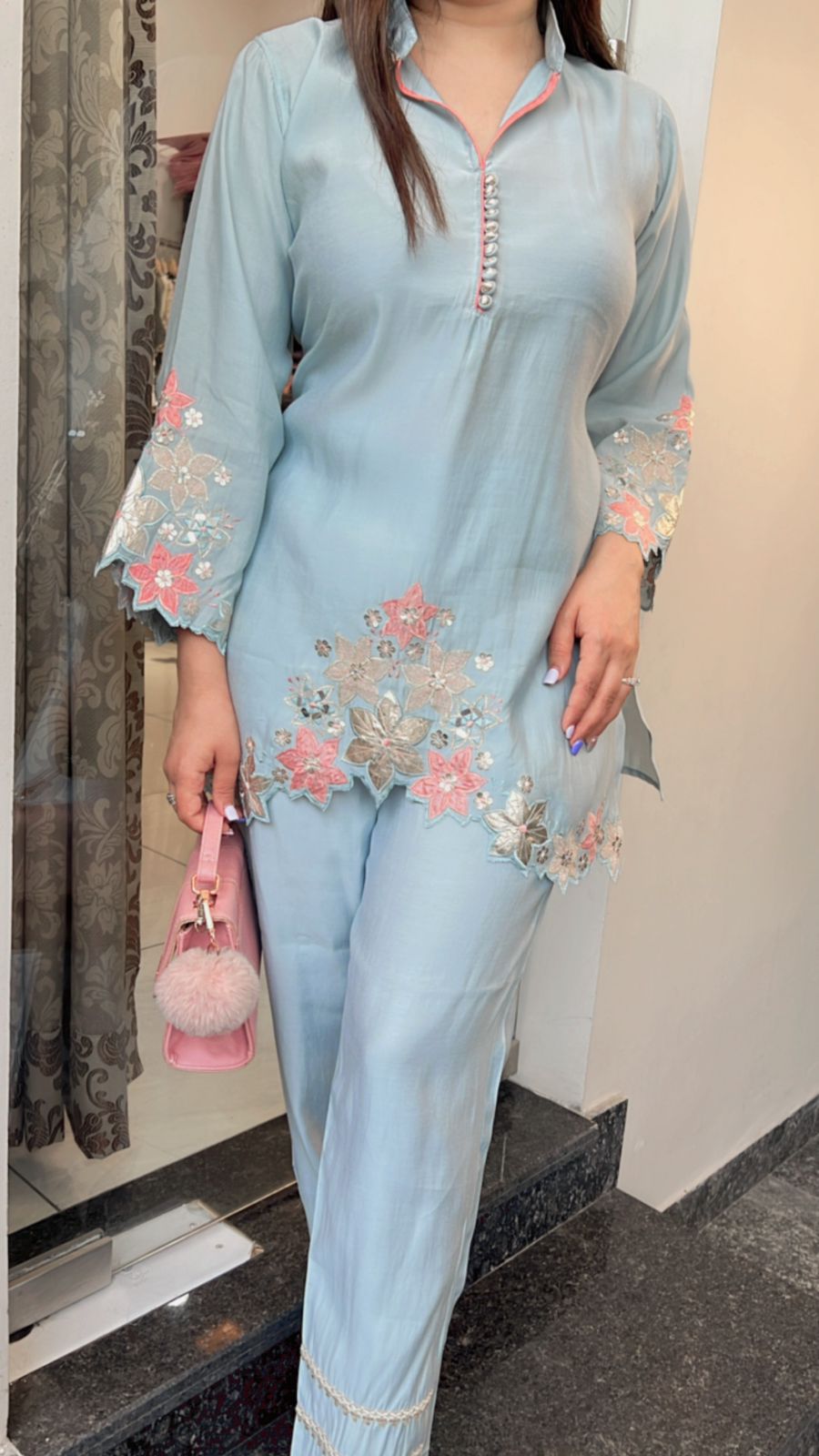 POWDER BLUE LEATHER PATCH DETAILING CO-ORD