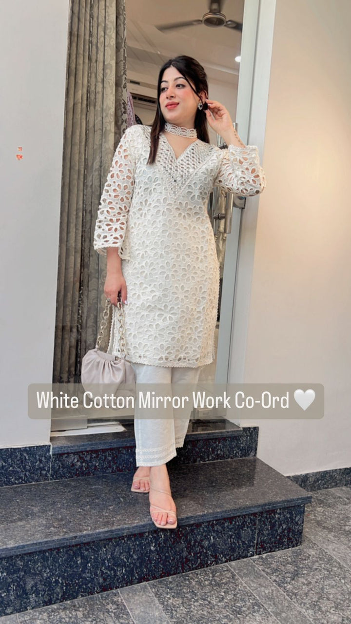 WHITE COTTON MIRROR WORK CO-ORD