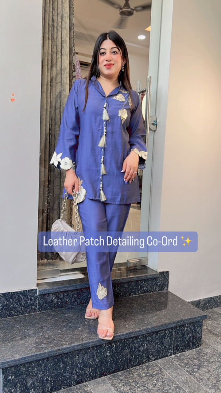 BLUE LEATHER PATCH FLOWER DETAILING CO-ORD