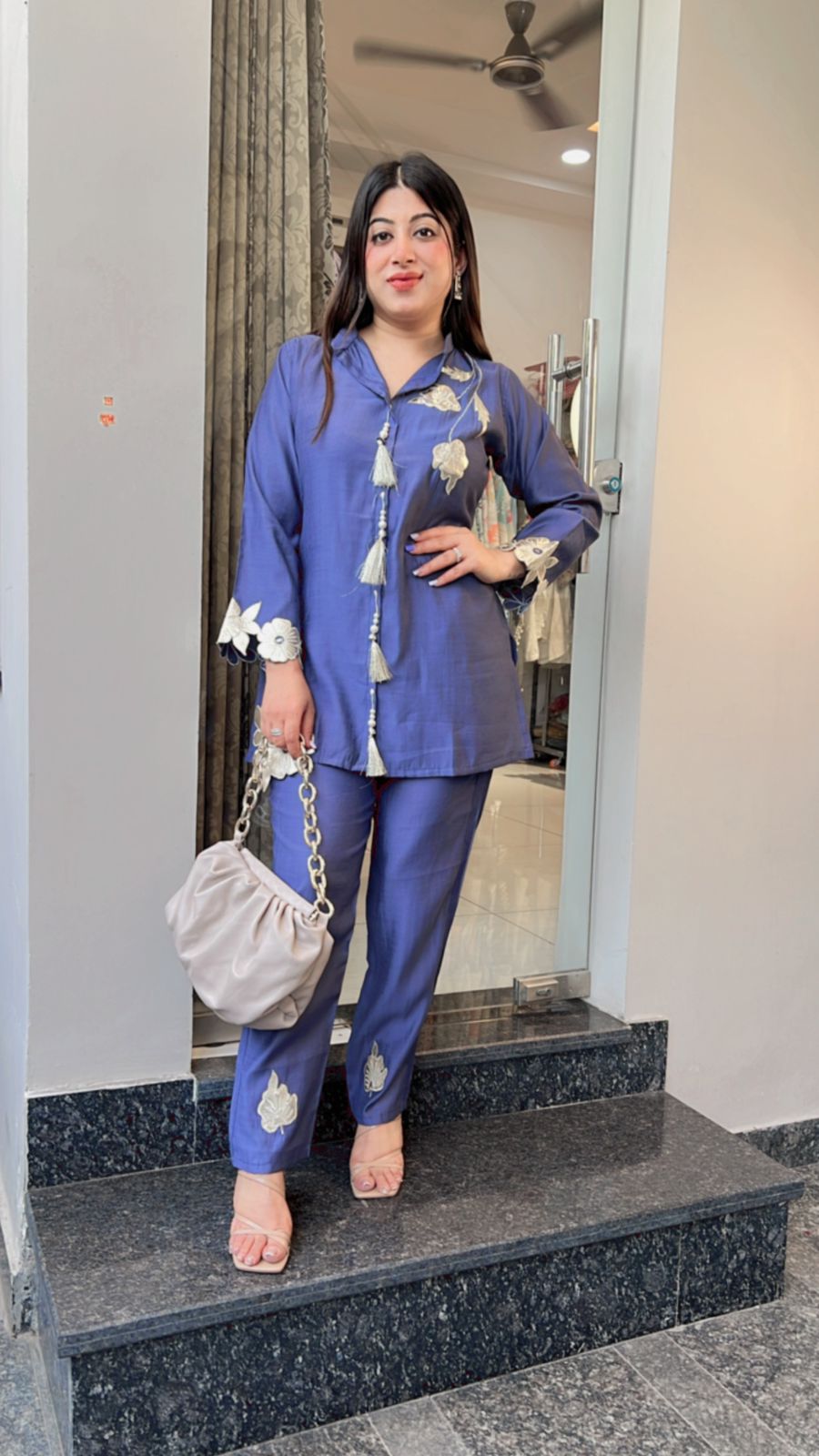 BLUE LEATHER PATCH FLOWER DETAILING CO-ORD