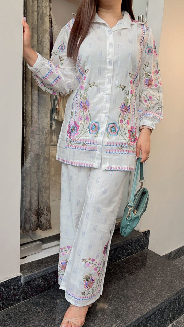 WHITE EMBROIDERED CO-ORD