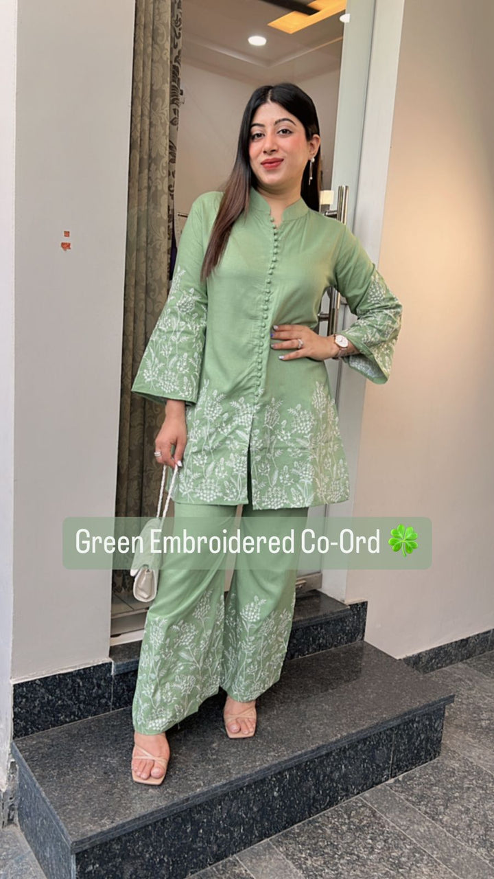 GREEN & WHITE EMBROIDERED CO-ORD