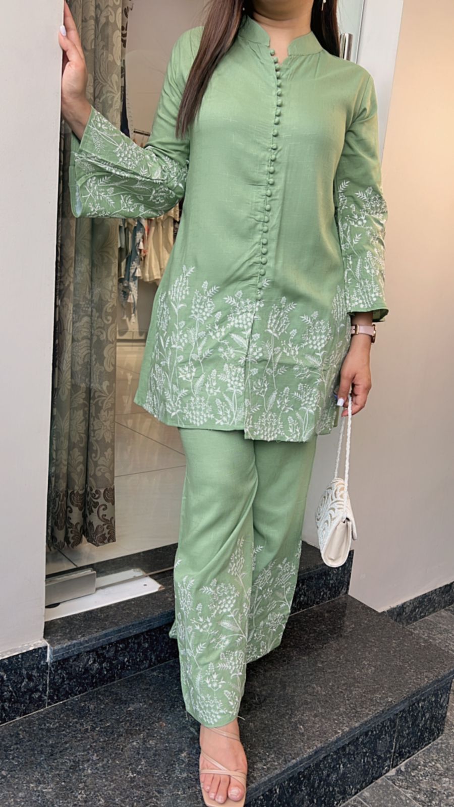 GREEN & WHITE EMBROIDERED CO-ORD