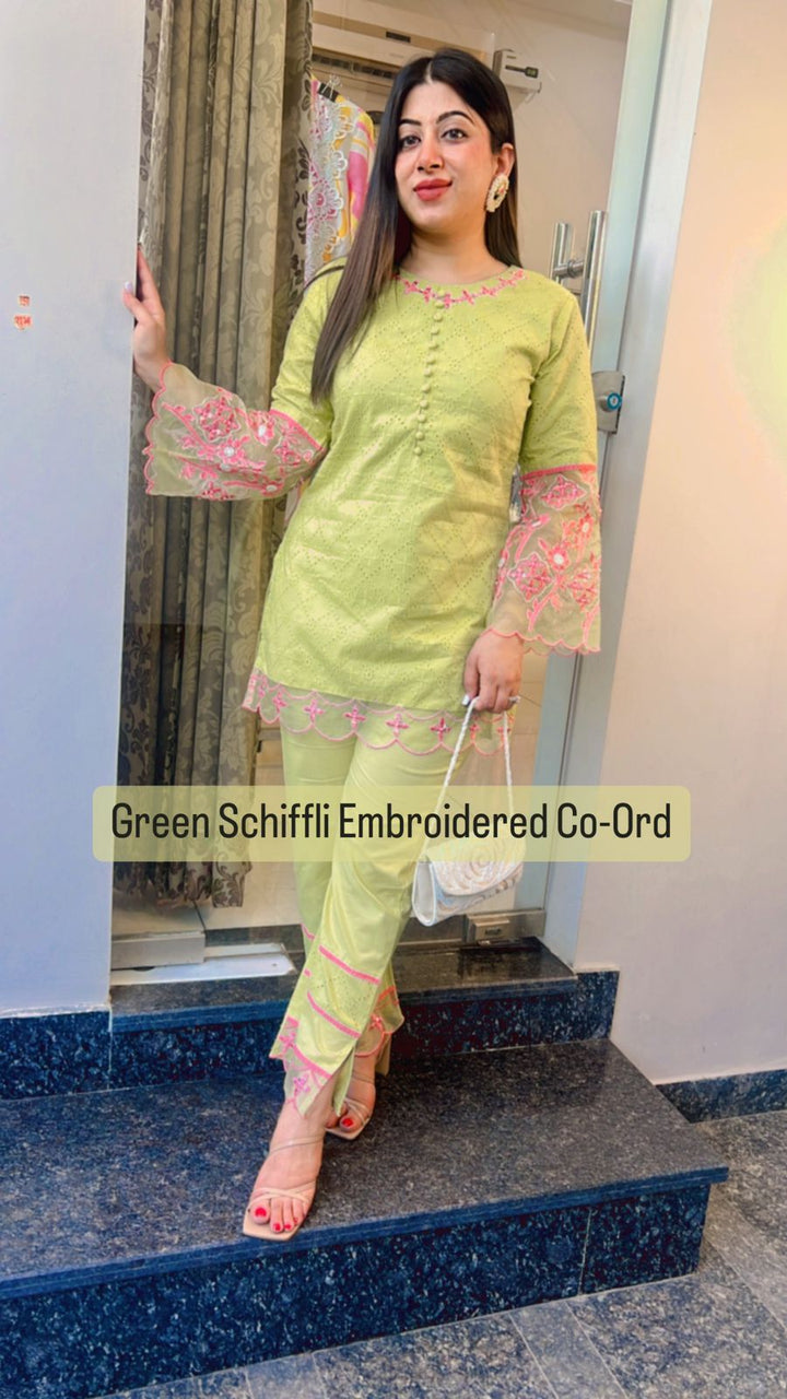 GREEN SCHIFFLI EMBROIDERED CO-ORD