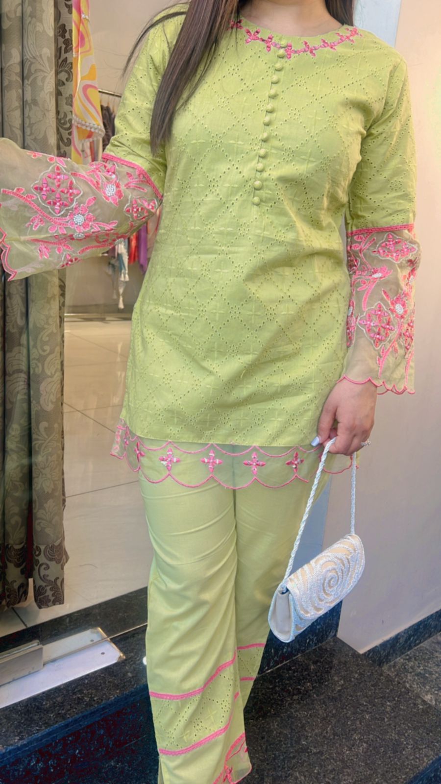 GREEN SCHIFFLI EMBROIDERED CO-ORD