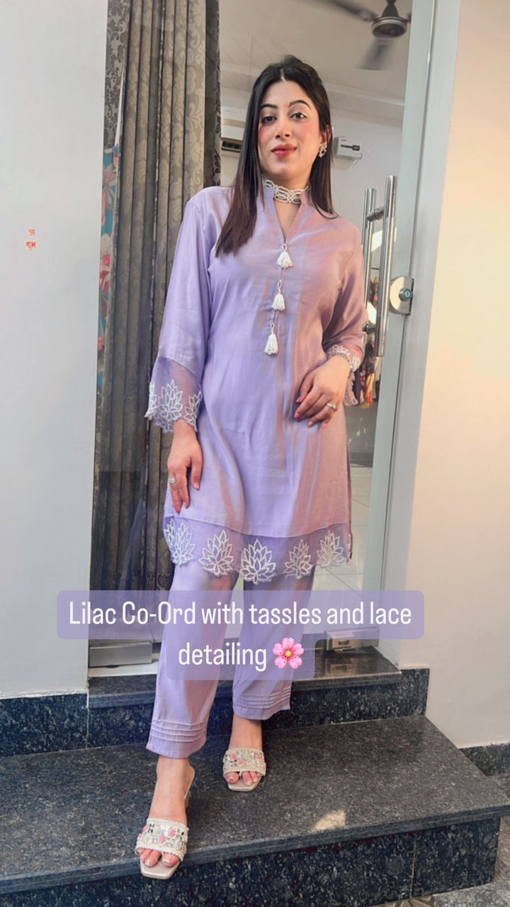 LILAC CO-ORD WITH TASSLE & LACE DETAILING