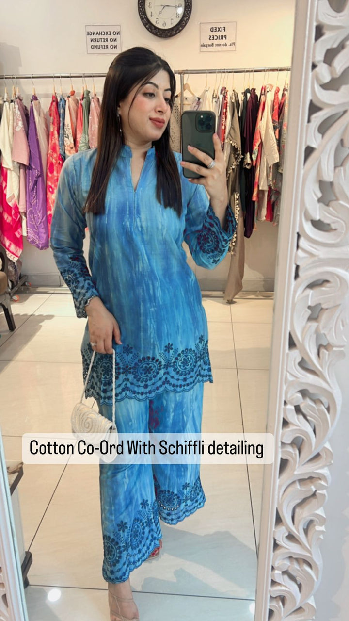 COTTON CO-ORD WITH SCHIFFLI DETAILING