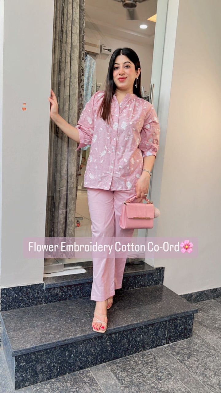 PINK FLOWER EMBROIDERED COTTON CO-ORD