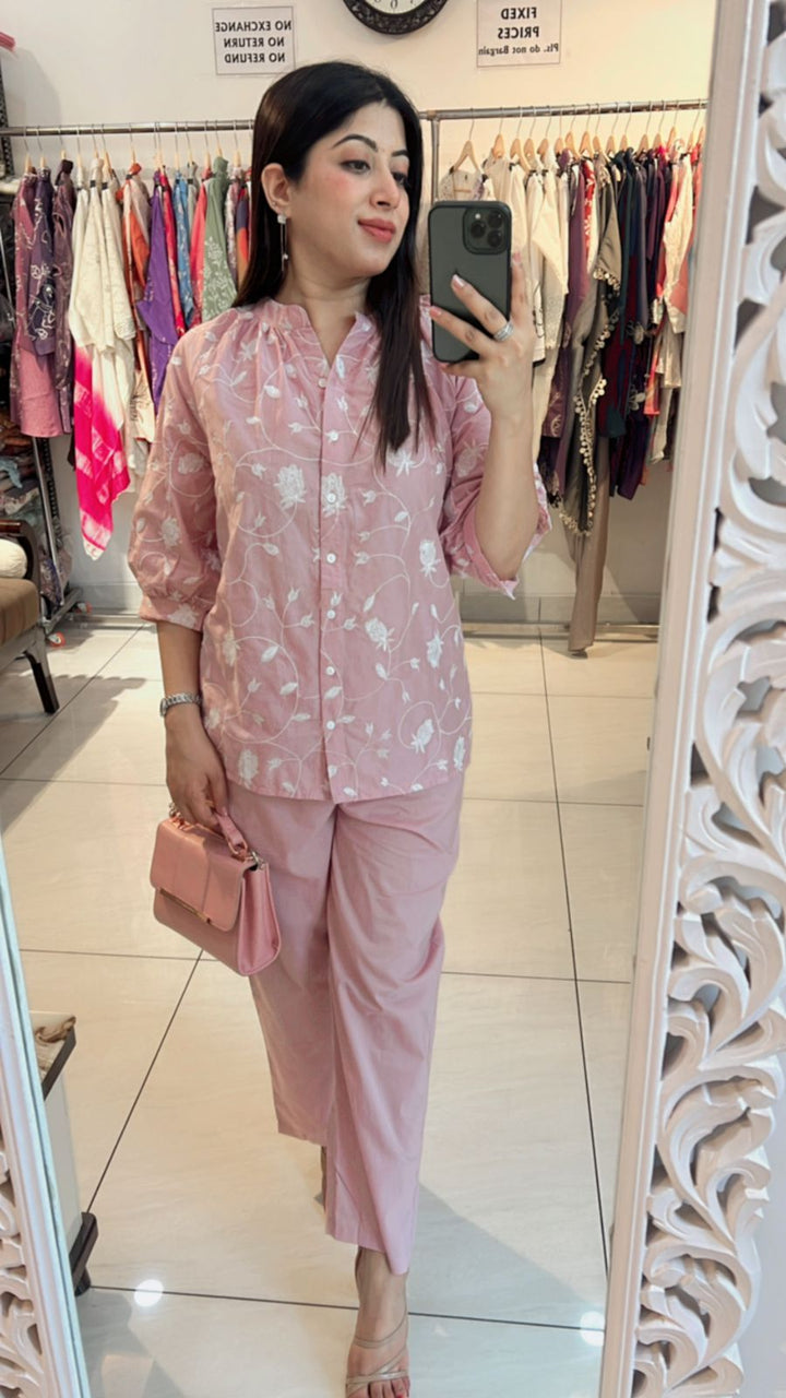 PINK FLOWER EMBROIDERED COTTON CO-ORD