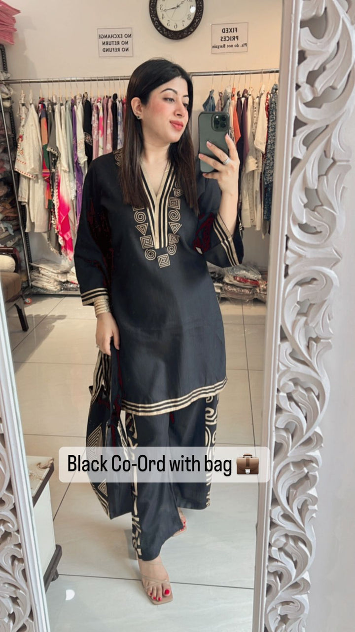 BLACK COTTON SILK CO-ORD WITH BAG