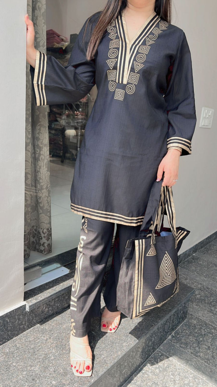 BLACK COTTON SILK CO-ORD WITH BAG