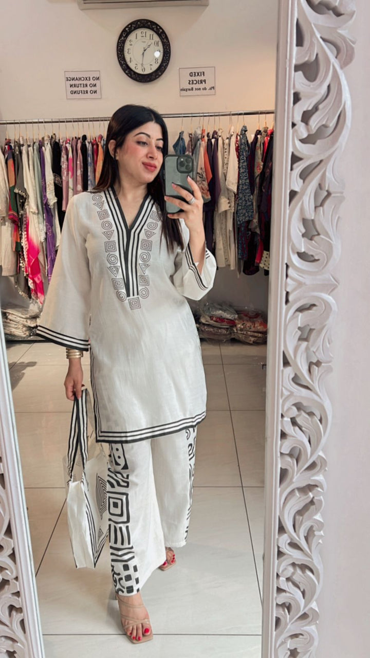 WHITE COTTON SILK CO-ORD WITH BAG