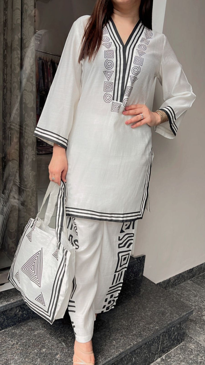 WHITE COTTON SILK CO-ORD WITH BAG