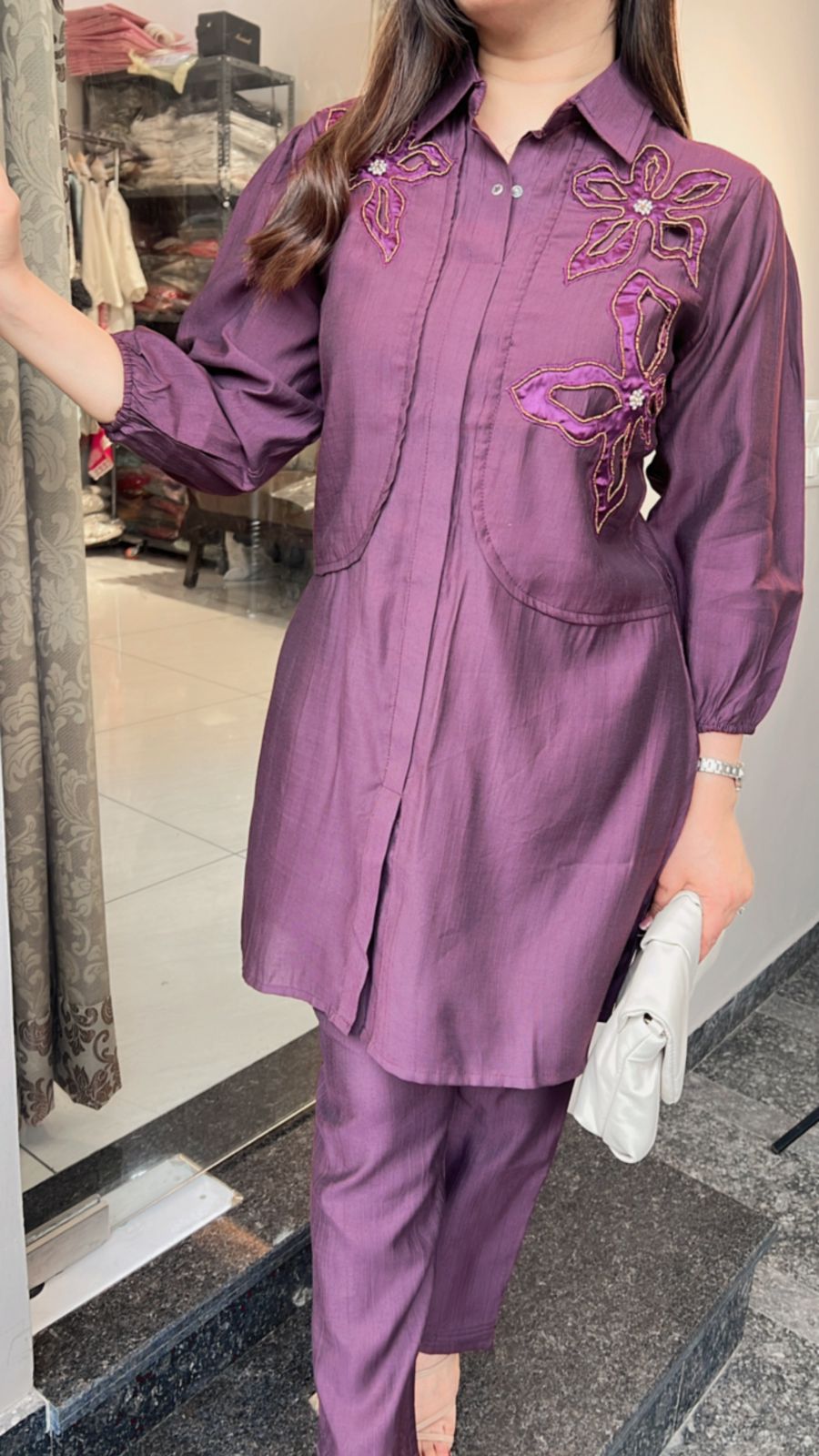 WINE FLOWER CUTWORK EMBROIDERED CO-ORD