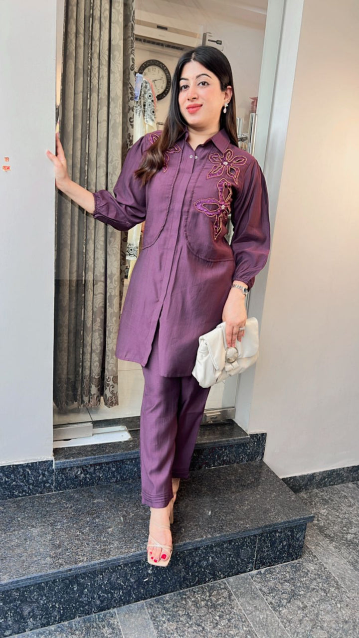 WINE FLOWER CUTWORK EMBROIDERED CO-ORD