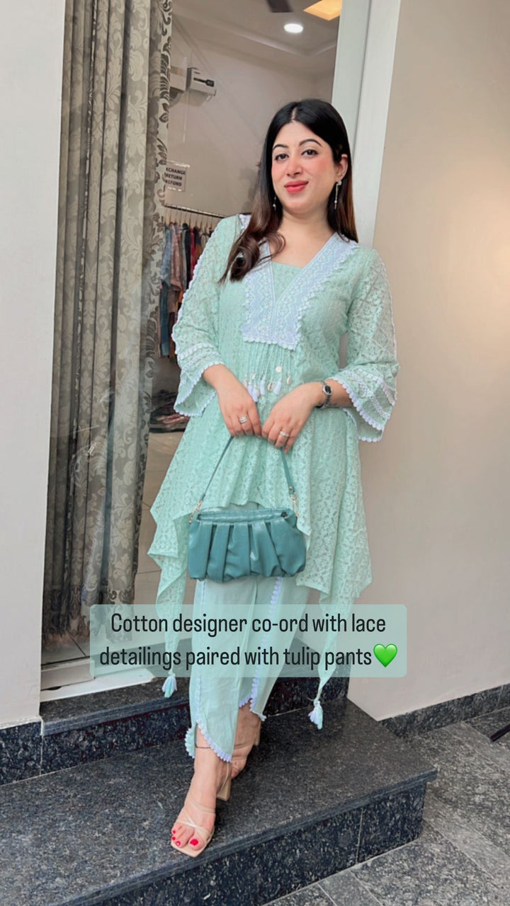 COTTON DESIGNER CO-ORD WITH LACE DETAILING PAIRED WITH TULIP PANTS