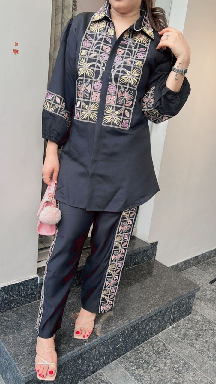 BLACK THREAD EMBROIDERED CO-ORD