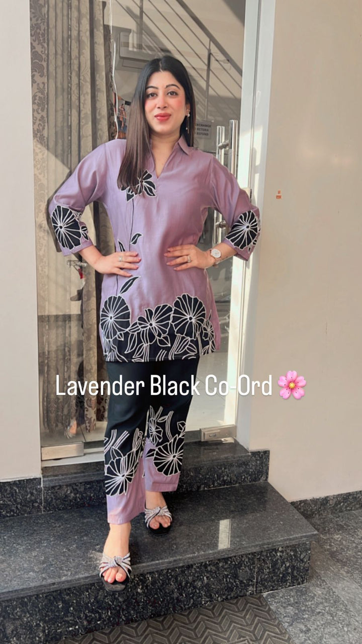 LAVENDER BLACK FLOWER EMBROIDERD CO-ORD