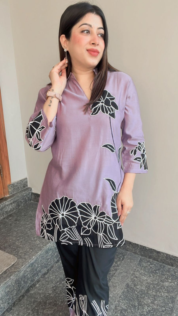 LAVENDER BLACK FLOWER EMBROIDERD CO-ORD