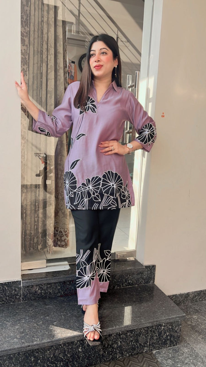 LAVENDER BLACK FLOWER EMBROIDERD CO-ORD