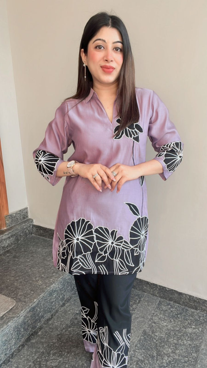 LAVENDER BLACK FLOWER EMBROIDERD CO-ORD